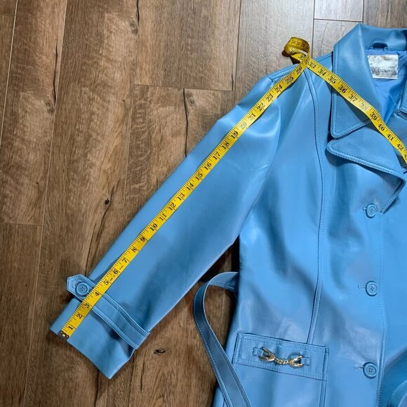 Vintage 60s 70s Faux Leather Trench Coat Belted Light Blue Overcoat - Picture 14 of 16
